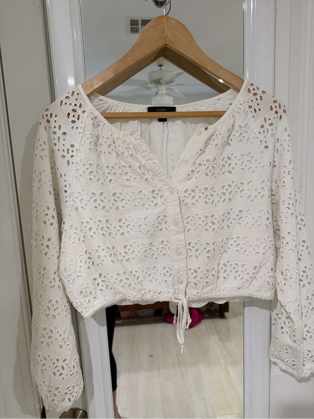 J. Crew White Eyelet Button-Front Drawstring Top